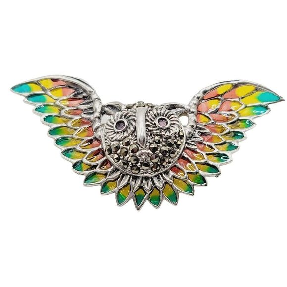 Handmade 925 Sterling Silver Plique Enamel Ruby Marcasite Brooch Owl in Flight - Picture 1 of 9